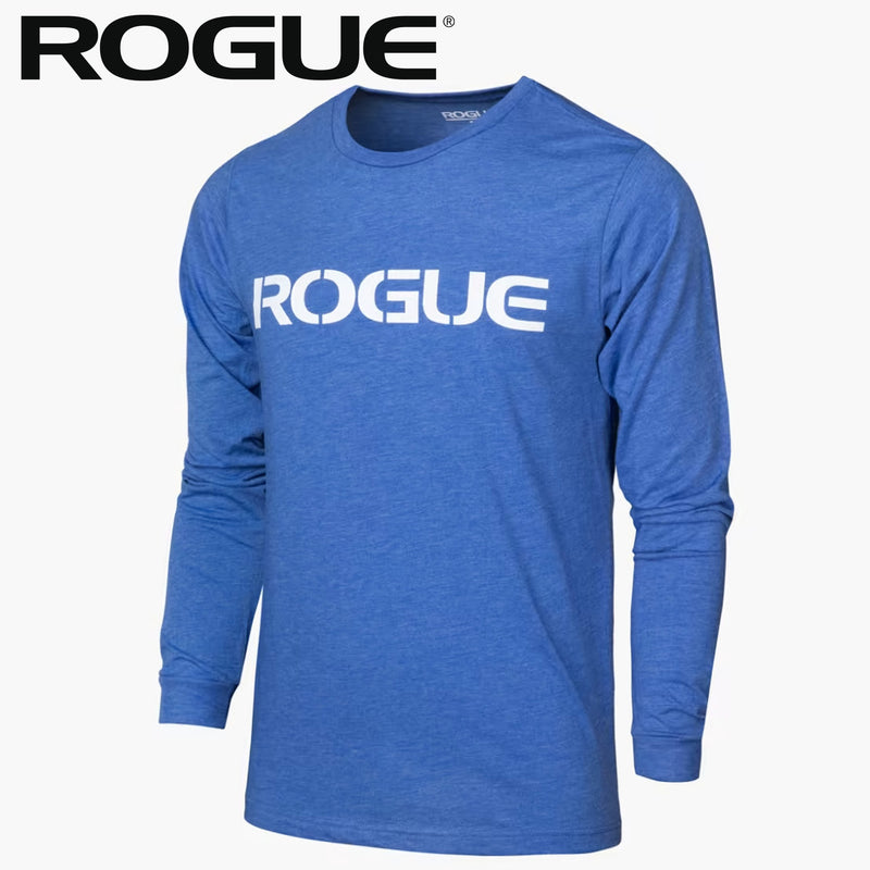 ROGUE ベーシック ロングスリーブ Tシャツ ロイヤルブルーを斜め前方から捉えた長袖シルエットで胸元のROGUEロゴプリントとクルーネック仕様、袖のフィット感が分かる全体デザイン