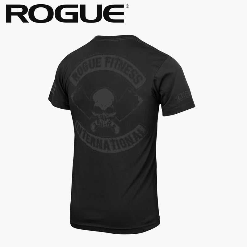 ROGUE インターナショナル Tシャツ ブラック 背面から全体を捉えたデザインでスカルロゴとアーチ文字を確認できるバックプリント