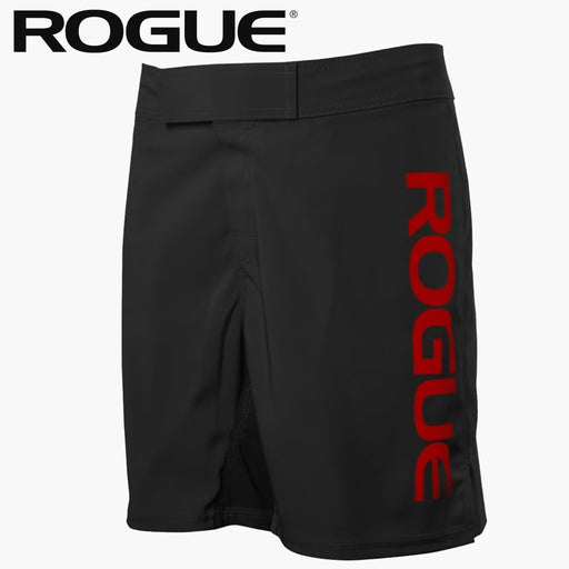 ROGUE ファイトショーツ2.0 ブラックを正面から捉えた全体シルエットと右脚の縦ロゴ配置が分かるフロントビュー