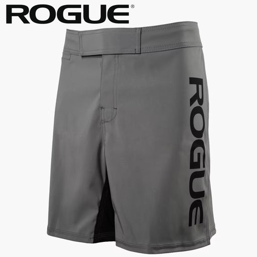 ROGUE ファイトショーツ2.0 グレーを正面から捉えた全体シルエットと右脚の縦ロゴ配置、フロント構造が分かるデザイン