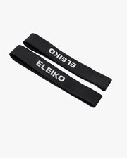 ELEIKO リフティングストラップ ブラック 斜め上から2本を並べロゴタグとストラップ幅が確認できるディテール構成