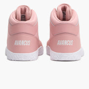 AVANCUS APEX POWER V3.0 ハイトップ レイビングローズのベアフットシューズを真後ろから左右揃えて捉え、ヒールカウンター形状と踵周りのホールド構造、白色ソールの厚みが分かる構図