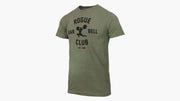 ROGUE バーベルクラブTシャツ ヘザールーテナントを正面斜めから捉え、胸中央のブラックロゴとウェイトリフター、クルーネックから半袖、裾まで見えるデザイン