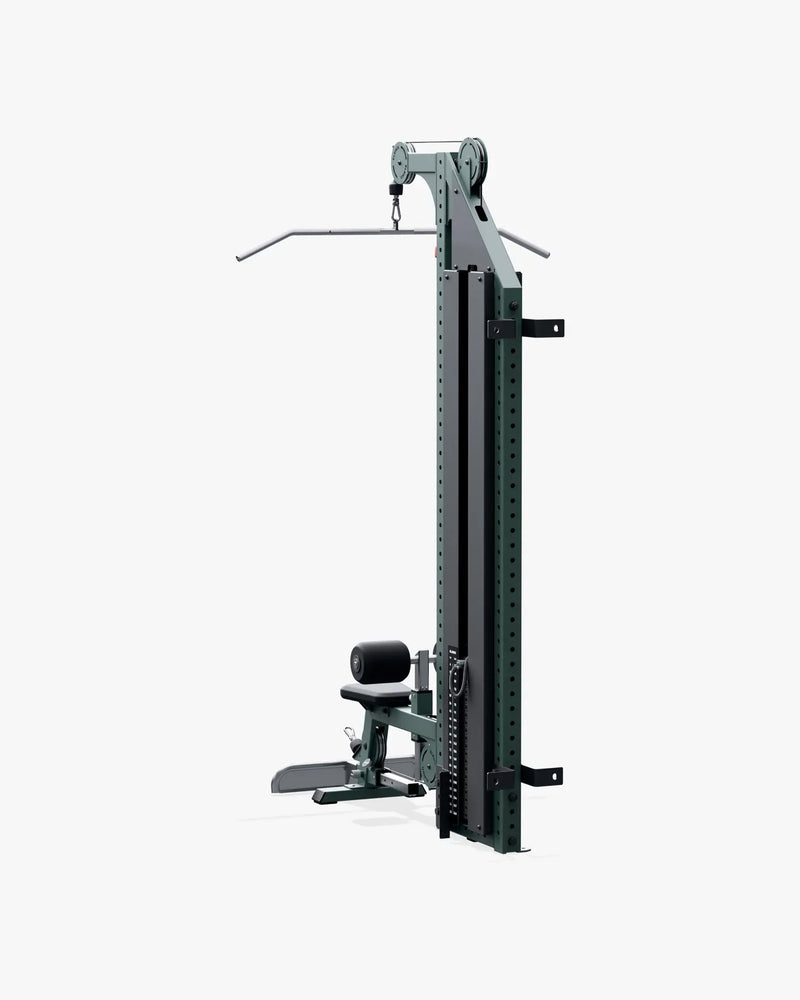 ELEIKO ラットプルダウン＆ローロウ コンボ 壁面設置型 120kg ファーグリーンの背面斜視