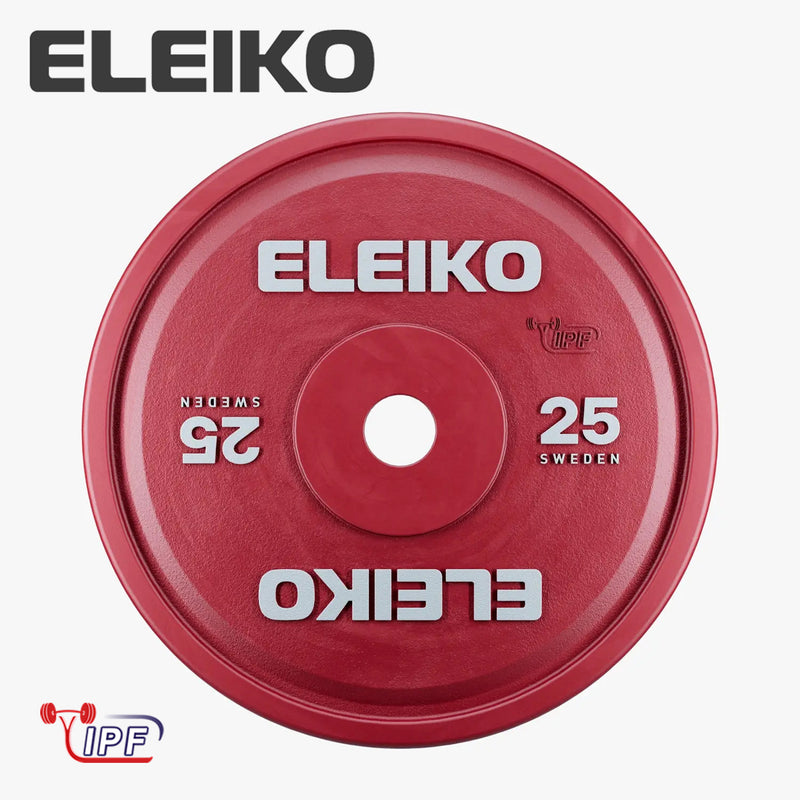 ELEIKO 新型パワーリフティングコンペティションプレート IPF公認品 赤 正面から捉えた25kgウェイトプレート中央穴とELEIKOロゴ刻印、重量表示が確認できるフロントビュー
