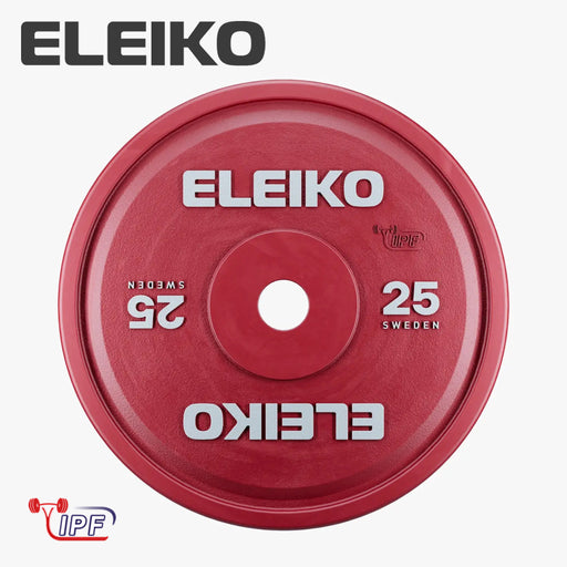 ELEIKO 新型パワーリフティングコンペティションプレート IPF公認品 赤 正面から捉えた25kgウェイトプレート中央穴とELEIKOロゴ刻印、重量表示が確認できるフロントビュー
