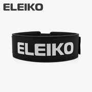 ELEIKO ハイブリッドリフティングベルト インクブラックを正面から捉え、幅広設計と中央のELEIKOロゴ配置が分かるトレーニングベルト外観