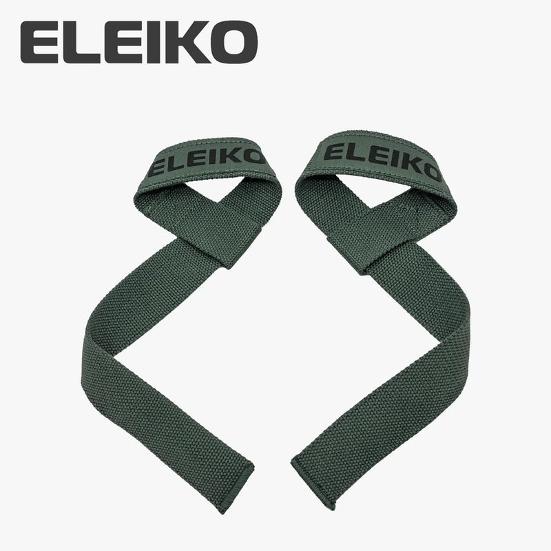 ELEIKO リフティングストラップ オリーブグリーン 正面から広げた状態でループ部分と長さバランスが分かる全体構造