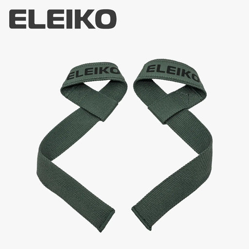 ELEIKO リフティングストラップ オリーブグリーン 正面から広げた状態でループ部分と長さバランスが分かる全体構造