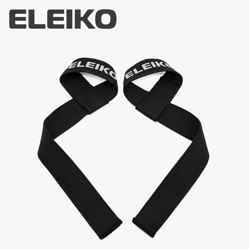 ELEIKO リフティングストラップ ブラック 正面から左右対称に配置し全体形状とループ構造が分かるフラットビュー