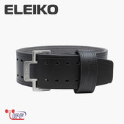 ELEIKO パワーリフティングベルト ブラック IPF公認品 正面からバックルとベルト全体を捉えた構図で厚みとホール配置が分かるディテール