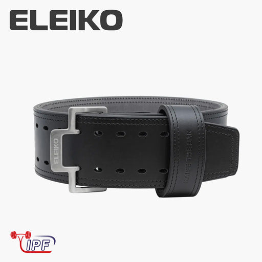 ELEIKO パワーリフティングベルト ブラック IPF公認品 正面からバックルとベルト全体を捉えた構図で厚みとホール配置が分かるディテール