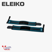 ELEIKO WL リストラップ IPF公認品 ストロングブルーを真上から水平に広げた構図。左右のストラップ全体形状、手首サポート用パッド部、親指ループ付き先端構造が分かるリストラップ