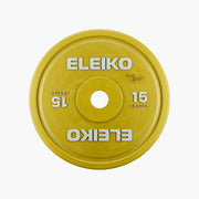 ELEIKO 新型パワーリフティングコンペティションプレート IPF公認品 黄色 正面から捉えた15kgウェイトプレート、ELEIKOロゴと重量表示、中央スリーブ穴とIPF公認刻印が確認できるフロントビュー