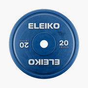 ELEIKO 新型パワーリフティングコンペティションプレート IPF公認品 青 正面から捉えた20kgウェイトプレート中央穴とELEIKOロゴ、重量表示とIPF公認刻印が確認できるフロントビュー