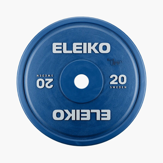 ELEIKO 新型パワーリフティングコンペティションプレート IPF公認品 青 正面から捉えた20kgウェイトプレート中央穴とELEIKOロゴ、重量表示とIPF公認刻印が確認できるフロントビュー