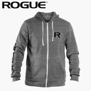 ROGUE ステンシル パーカー グレー 正面から胸のRロゴと袖プリント配置、フード紐とジップ開閉仕様を確認できるスタンダードモデル