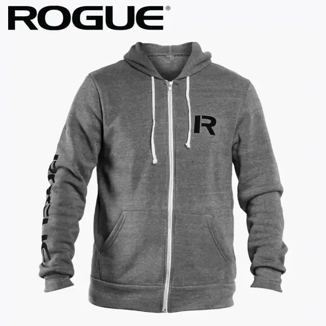 ROGUE ステンシル パーカー グレー 正面から胸のRロゴと袖プリント配置、フード紐とジップ開閉仕様を確認できるスタンダードモデル