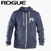 ROGUE ステンシル パーカー ネイビー 正面から胸のRロゴと左袖のROGUEプリント、フロントジップとカンガルーポケットを確認できる仕様