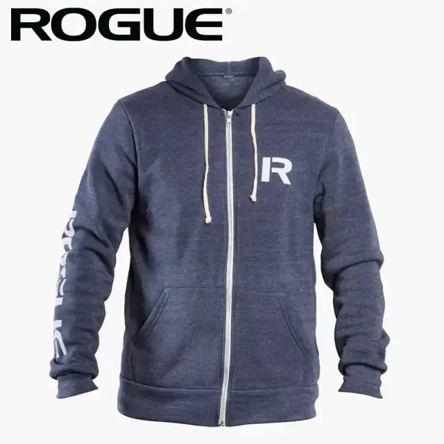 ROGUE ステンシル パーカー ネイビー 正面から胸のRロゴと左袖のROGUEプリント、フロントジップとカンガルーポケットを確認できる仕様