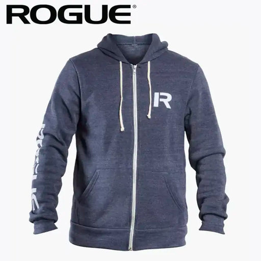 ROGUE ステンシル パーカー ネイビー 正面から胸のRロゴと左袖のROGUEプリント、フロントジップとカンガルーポケットを確認できる仕様