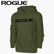ROGUE ベーシック パーカー ヘザーアーミーカラー を正面斜めから捉え、杢調生地の風合いとフード形状、胸元ロゴ配置が分かる落ち着いた印象のメンズパーカー外観