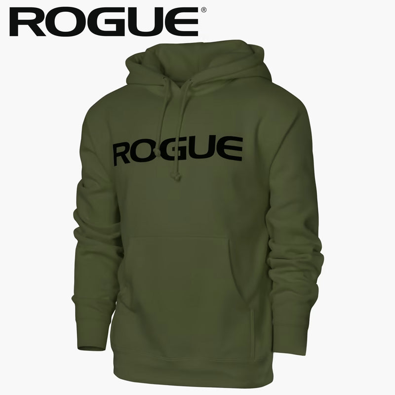 ROGUE ベーシック パーカー ヘザーアーミーカラー を正面斜めから捉え、杢調生地の風合いとフード形状、胸元ロゴ配置が分かる落ち着いた印象のメンズパーカー外観