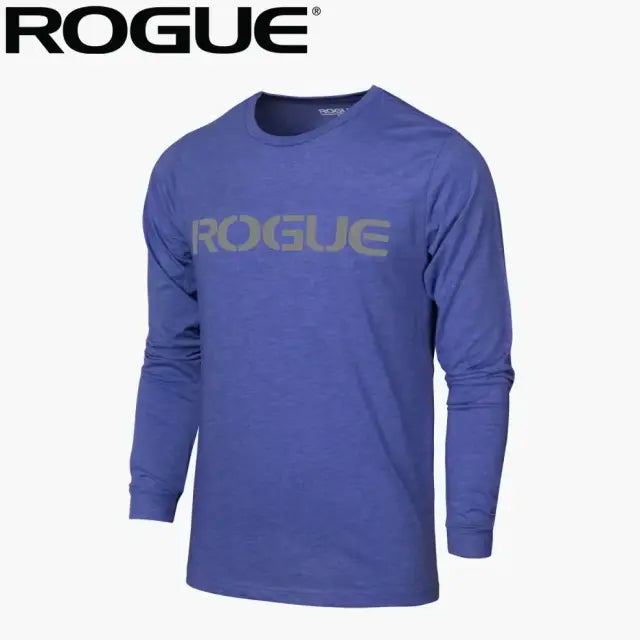 ROGUE ベーシック ロングスリーブ Tシャツ ネイビーを斜め前方から捉えた長袖シルエットで胸元のROGUEロゴプリントとクルーネック仕様、袖のフィット感が分かる全体デザイン