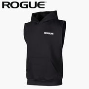 ROGUE スリーブレスパーカー ブラック、フロントを正面から捉えたアングル、胸元のROGUEロゴ刺繍とフード形状、カンガルーポケットを確認できる全体デザイン