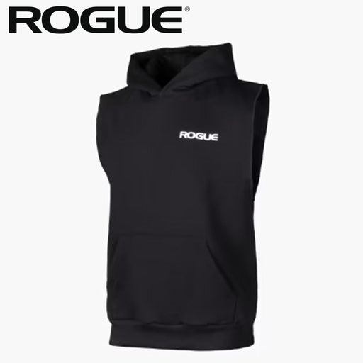 ROGUE スリーブレスパーカー ブラック、フロントを正面から捉えたアングル、胸元のROGUEロゴ刺繍とフード形状、カンガルーポケットを確認できる全体デザイン