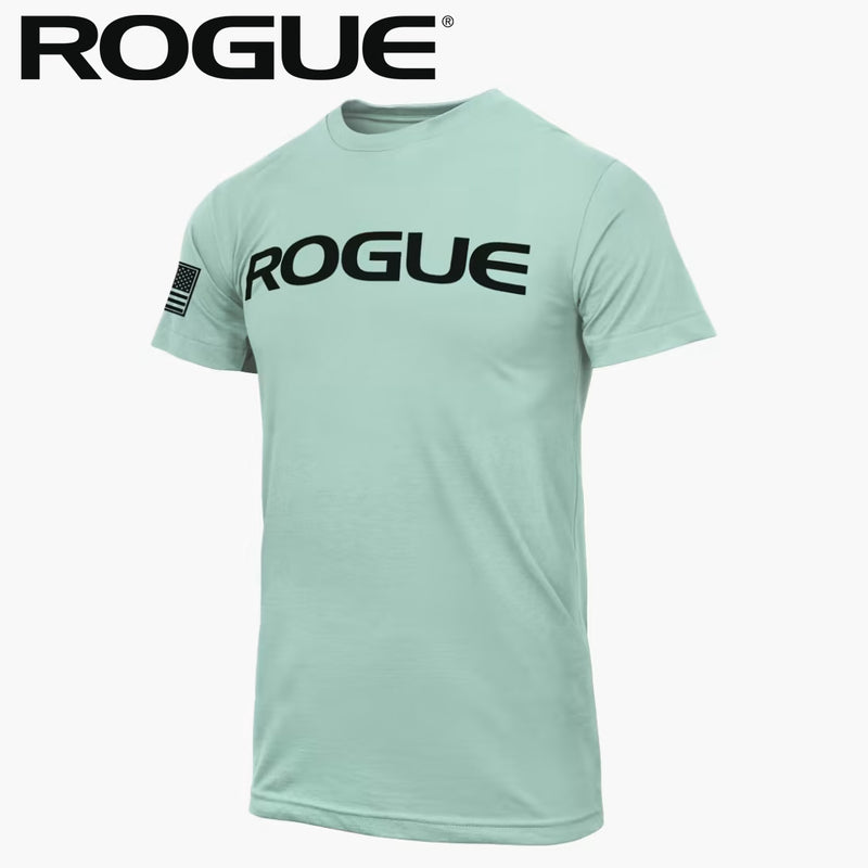 ROGUE ベーシック Tシャツ ダスティーブルー/ブラックを正面やや斜めから捉え、胸部のブラックROGUEロゴと左袖のフラッグパッチ、淡いブルーボディの色合いとメンズ向け半袖シルエットが分かる構成