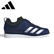 adidas パワーリフト 5 ダークブルー / シルバーメタリック / ルシッドレッドの外側面。ストラップと安定性に優れたソール構造を備えたスクワットシューズ