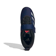 adidas パワーリフト 5 ダークブルー / シルバーメタリック / ルシッドレッドを真上から確認できる視点。シューレースと固定ストラップの構造を掲載