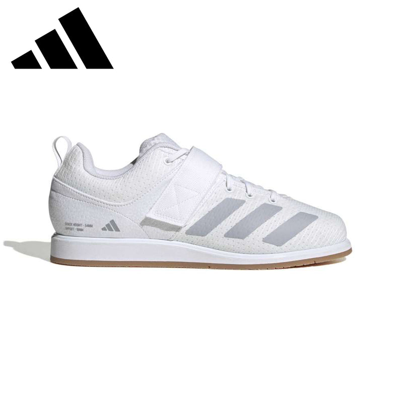 adidas パワーリフト5 フットウェアホワイト/ヘイローシルバー/コアブラックの外側サイドビュー。ストラップとスリーストライプ、フラットソールを確認できるウェイトリフティングシューズ