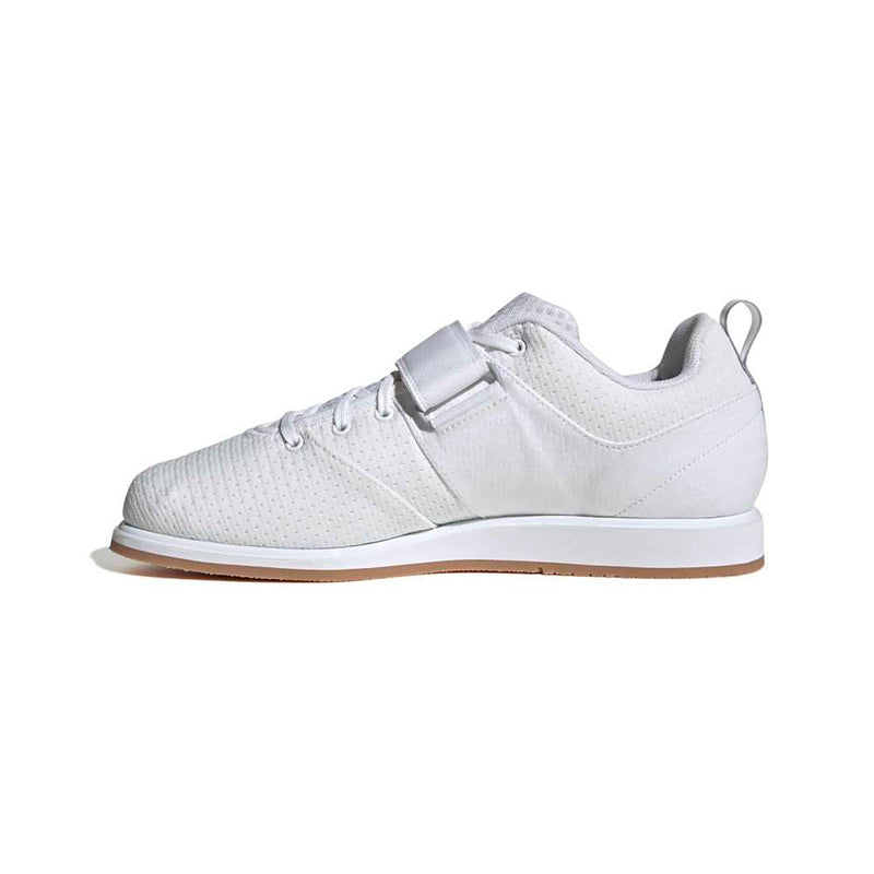 adidas パワーリフト5 フットウェアホワイト/ヘイローシルバー/コアブラックの内側サイドビュー。ストラップ固定部とアッパー形状を確認できるウェイトリフティングシューズ
