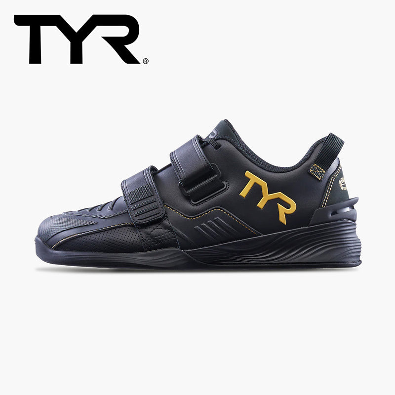 TYR L-2 リフター ブラック/ゴールド ウェイトリフティングシューズ 全体デザインを前方斜めから確認できる高級感と安定性を備えた外観