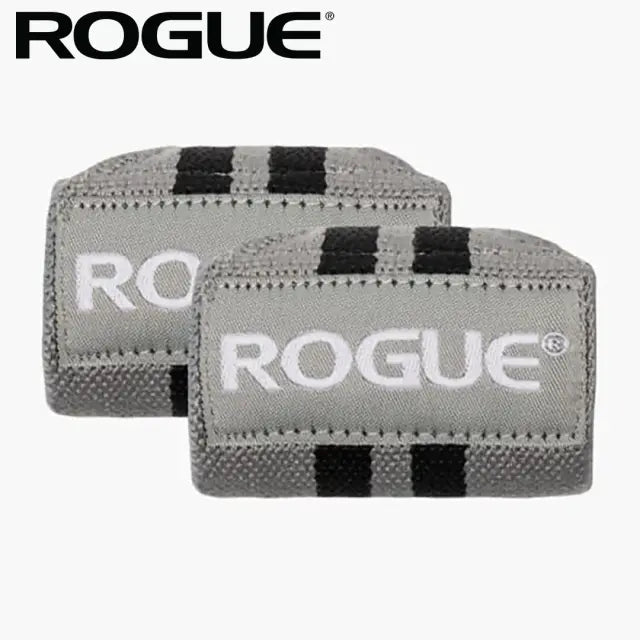 ROGUE リストラップ グレー＆ブラック 正面から見たロゴ入り2本セットのクローズアップ、グレー生地とブラックストライプの配色と厚みが分かる構図