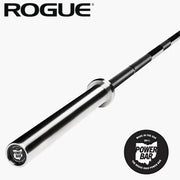ROGUE 20KGオハイオパワーバー IPF公認品 ブラックジンクシャフト/ブライトジンクスリーブ 斜め俯瞰で全体を捉えたバーベル全景とスリーブ側先端の構造が分かる構図
