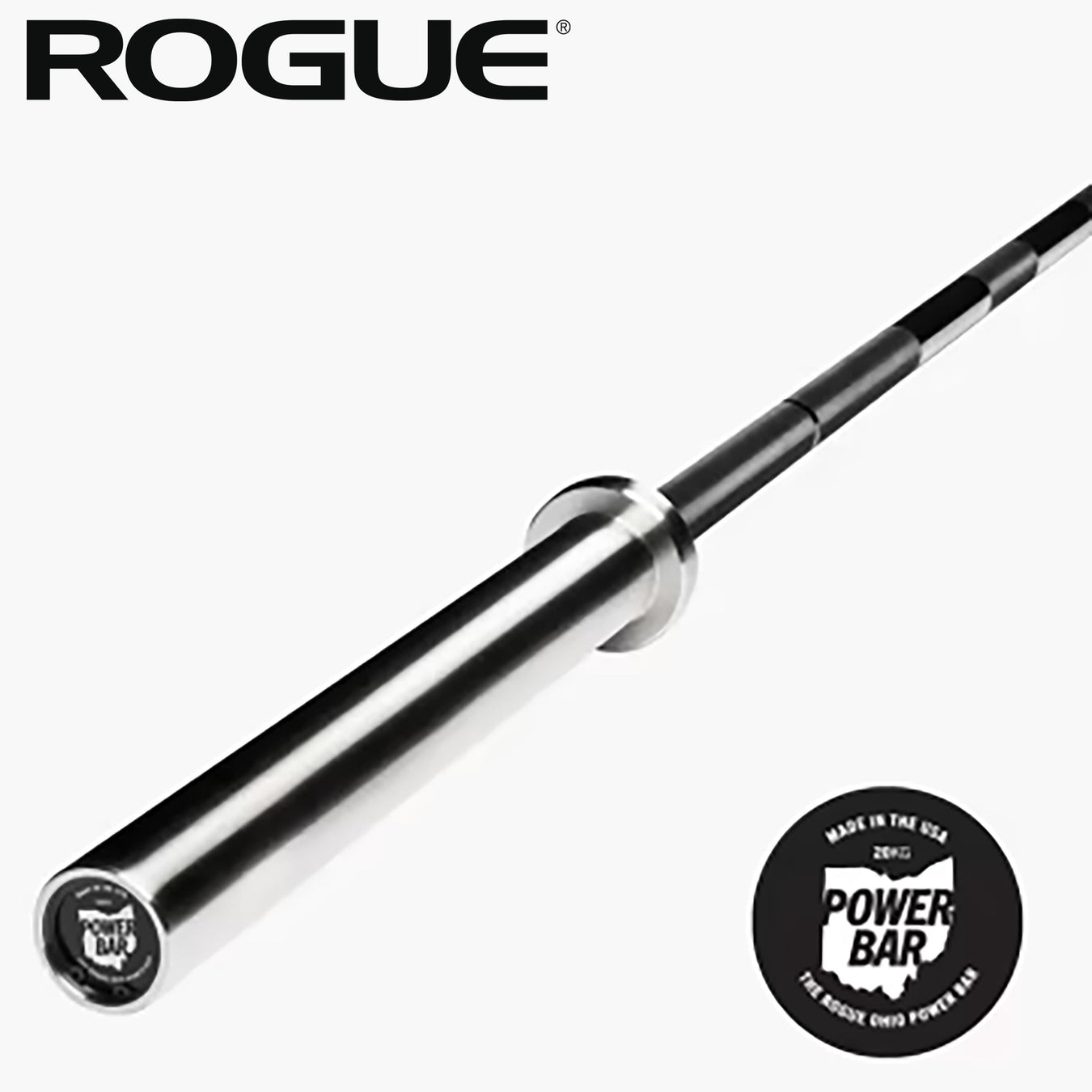 ROGUE 20KGオハイオパワーバー IPF公認品 ブラックジンクシャフト/ブライトジンクスリーブ 斜め俯瞰で全体を捉えたバーベル全景とスリーブ側先端の構造が分かる構図