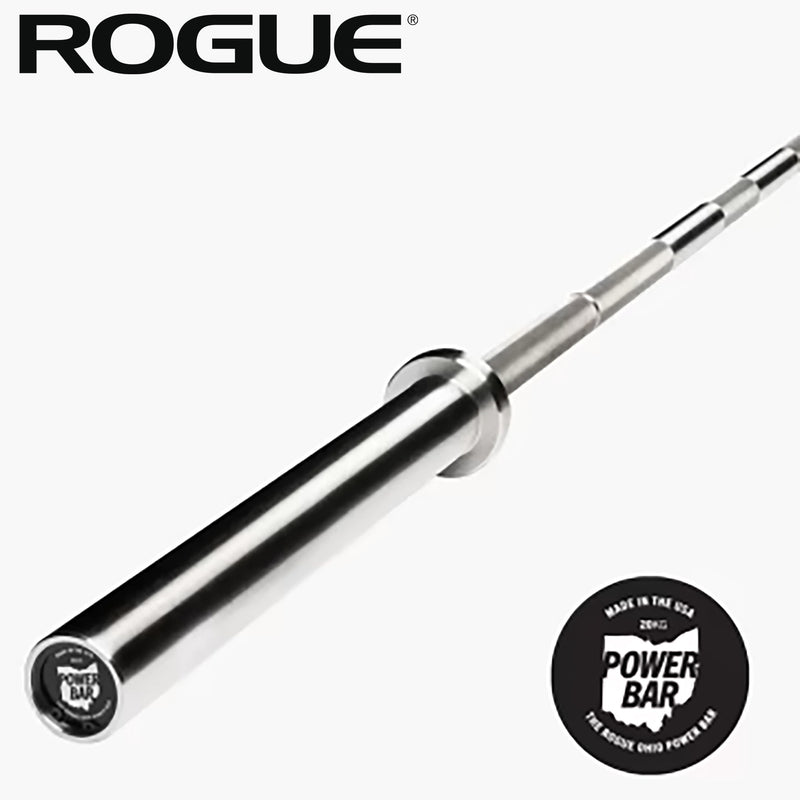 ROGUE 20KGオハイオパワーバー IPF公認品 ステンレスシャフト/クロムスリーブ 斜め俯瞰で全体を捉えスリーブ先端とシャフトの構造が分かるバーベル全景
