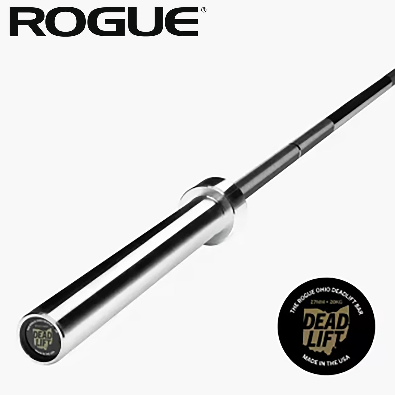 ROGUE オハイオデッドリフトバー（ブラックEコート） ブラック スリーブ端を斜め前方から捉えた構図でエンドキャップとシャフトの接合部が分かる視点