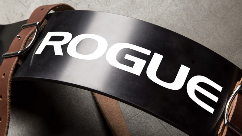 ROGUE アームブラスター レザーストラップ（ブラウン）を上方から捉えた構図で、湾曲した金属プレート中央のロゴとレザーストラップの装着位置が分かる全体像