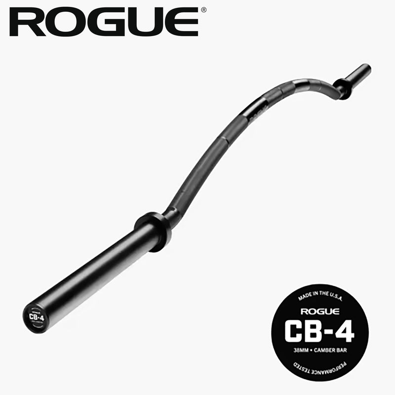 ROGUE CB-4 38mm キャンバーバー ブラック、キャンバー形状のシャフト全体を斜め上方から捉えた全体ビュー、湾曲した38mmシャフトとスリーブ構造が分かるスペシャリティバーベル