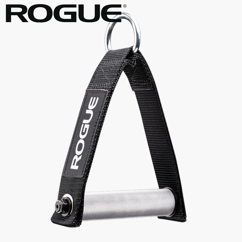 ROGUE シングルハンドル ケーブルアタッチメント ハンドル直径28.5MM シルバー 正面やや上からの全体ビュー、三角ストラップとローレット加工アルミハンドルの形状が分かる構図