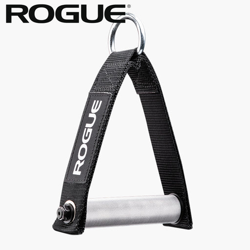 ROGUE シングルハンドル ケーブルアタッチメント ハンドル直径28.5MM シルバー 正面やや上からの全体ビュー、三角ストラップとローレット加工アルミハンドルの形状が分かる構図