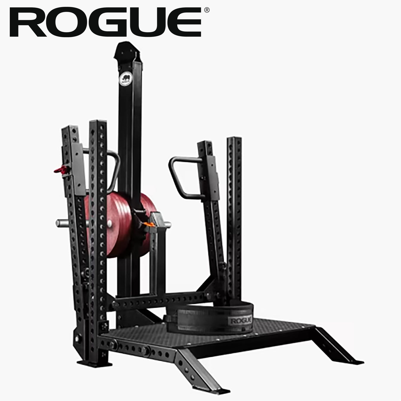 ROGUE モンスター ライノ ベルトスクワット - 独立型 ブラック 全体を斜め前方から捉えた構図でプラットフォームと支柱、ウェイト装着部が確認できる設計