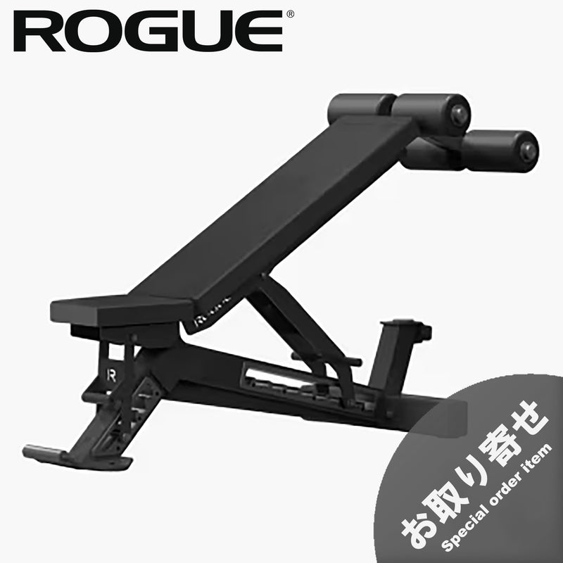 ROGUE マンタレイアジャスタブルベンチ テクスチャーブラック仕様のプレミアムフォームパッドとフットキャッチ詳細構成