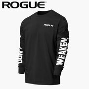 DON'T WEAKEN LONG SLEEVE T SHIRT ブラックの全体を正面斜めから見たデザイン、胸元のROGUEロゴと両袖のホワイトプリントを確認できるメンズアパレル