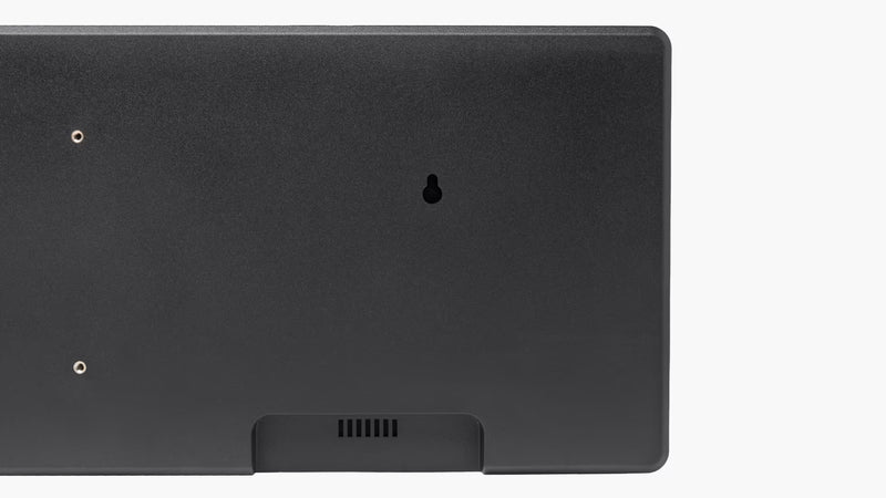 ROGUE エコージムタイマー2.0 ブラック背面右側のクローズアップ、壁掛け用キーホールと通気口を確認できる構図