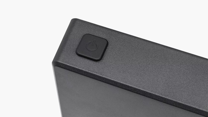 ROGUE エコージムタイマー2.0 ブラック天面右端のクローズアップ、電源ボタンの配置と本体質感を確認できる構図